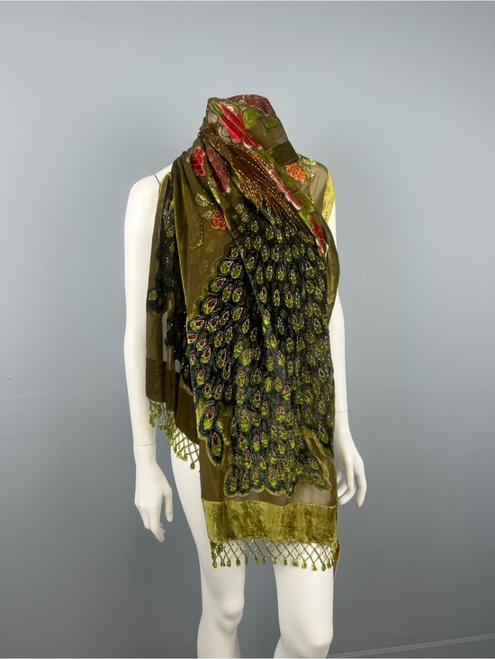 Accessories - Olive Green Peacock Feather Velvet Scarf Wrap with Beaded Details and Trim